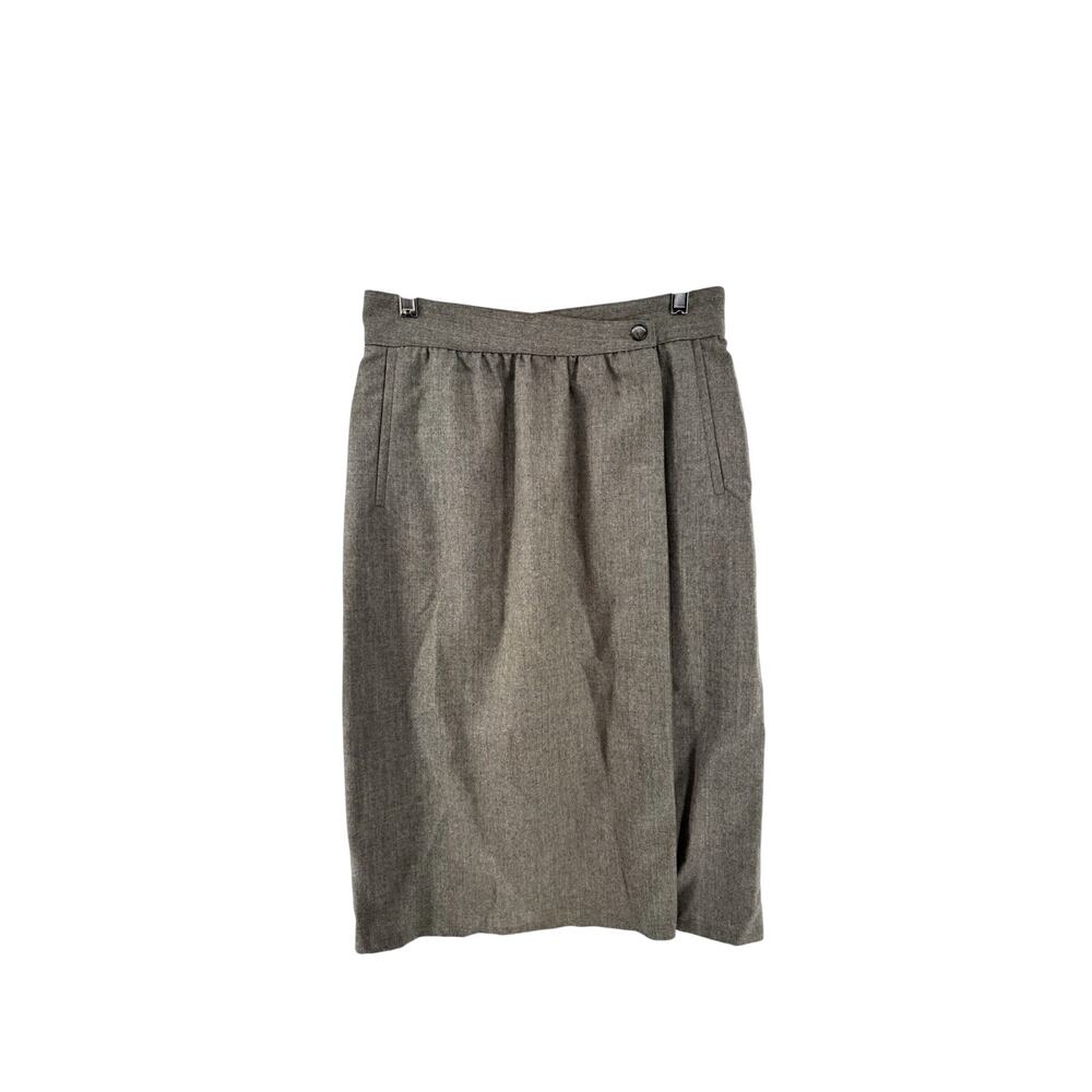 Wrap Pencil Skirt Tahari Wool Brown Grey Button Waist With Pockets Size 12